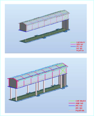 Vistas del modelo estructural de la marquesina metálica del Matadero de Reinosa