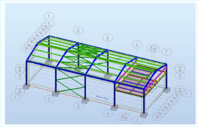 Modelo de la nave industrial existente en Reinosa con pórticos y el nuevo forjado metálico