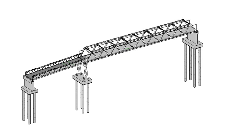 Modelo estructural de la pasarela M-119 con celosía Warren, pila central, estribos y pilotes